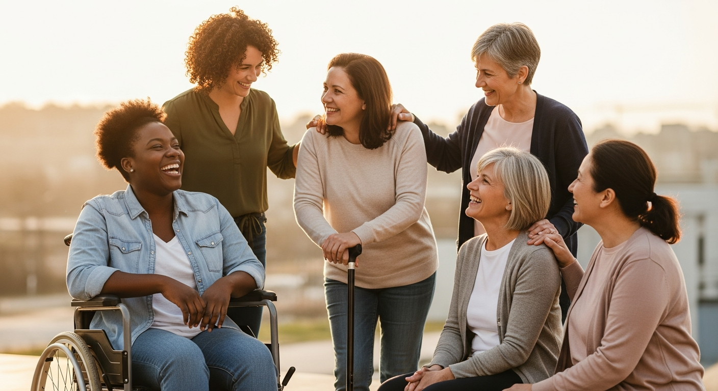 A diverse group of smiling women of different ages and backgrounds, including one in a wheelchair, gathered outdoors in a garden setting, supporting each other.