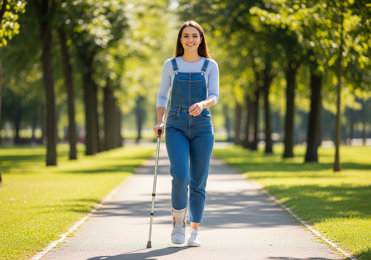 A confident young woman walking outdoors with a cane and AFO brace to support her recovery after stroke